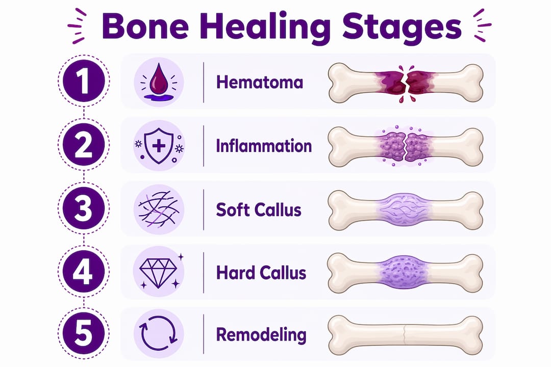 Infographic illustrating five stages of bone healing