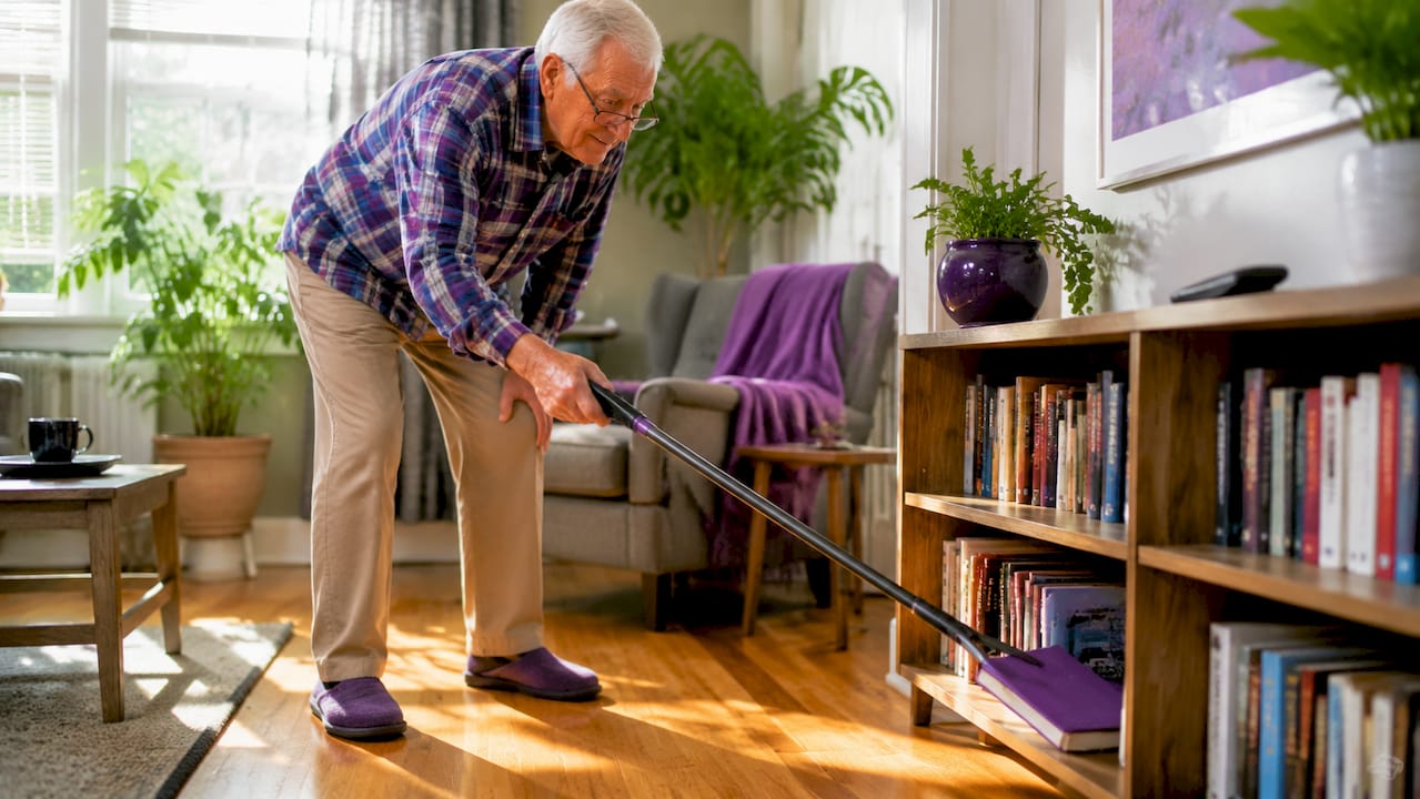 Senior man using reacher-grabber tool