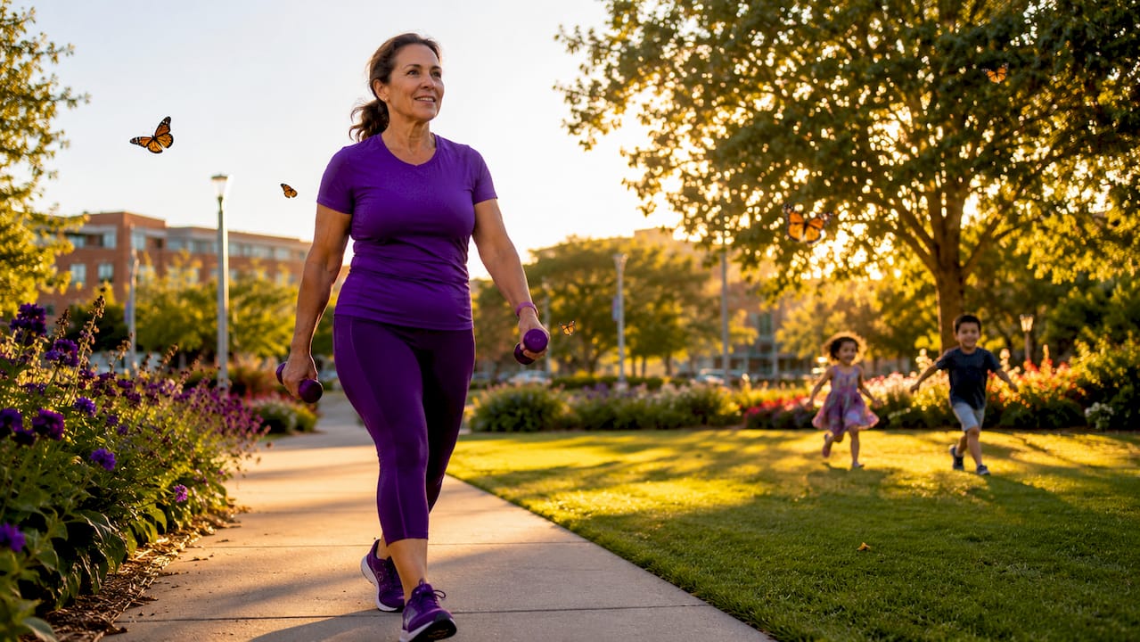 Woman brisk walking outdoors with hand weights