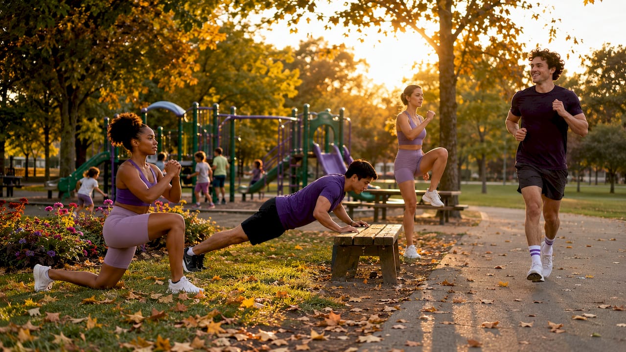 Group doing varied weight-bearing exercises in park