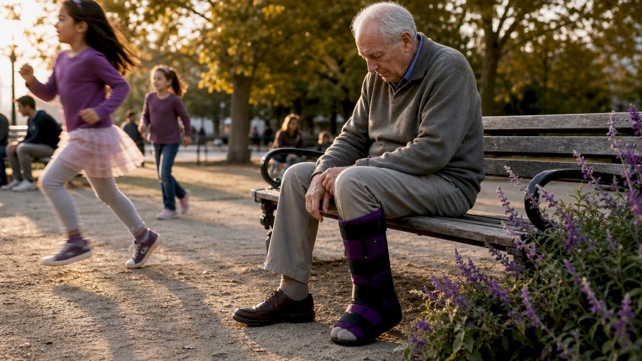 Elderly man with cast hesitating in garden