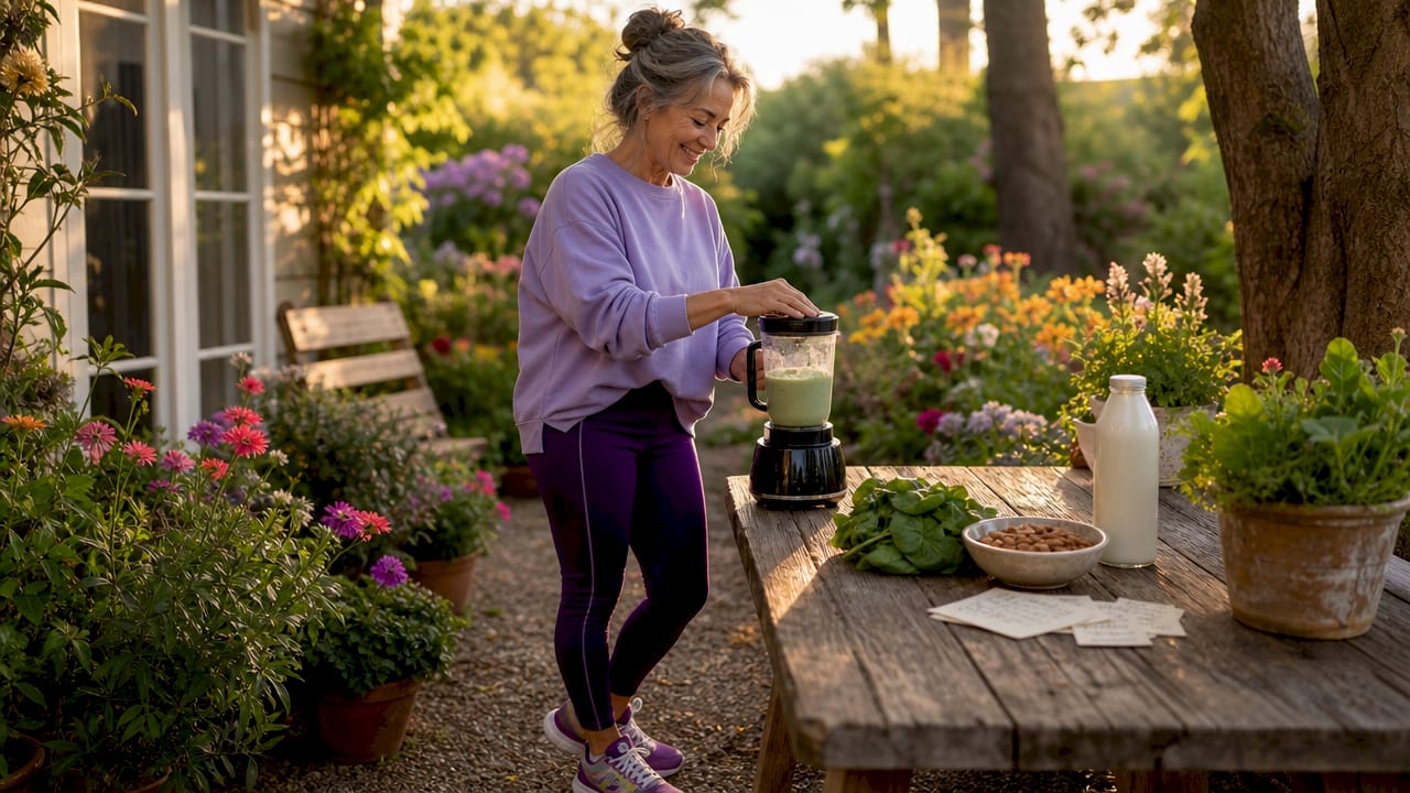 Older woman making healthy calcium smoothie in kitchen