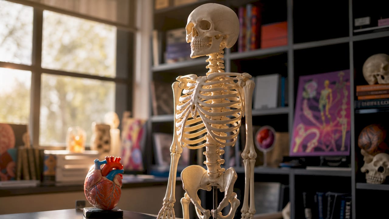 Anatomical skeleton model showing protective bones