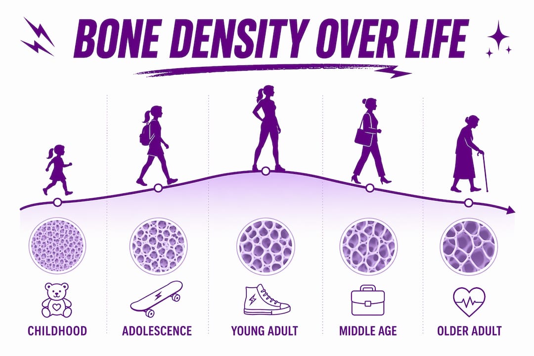 Infographic illustrating bone density changes by life stage