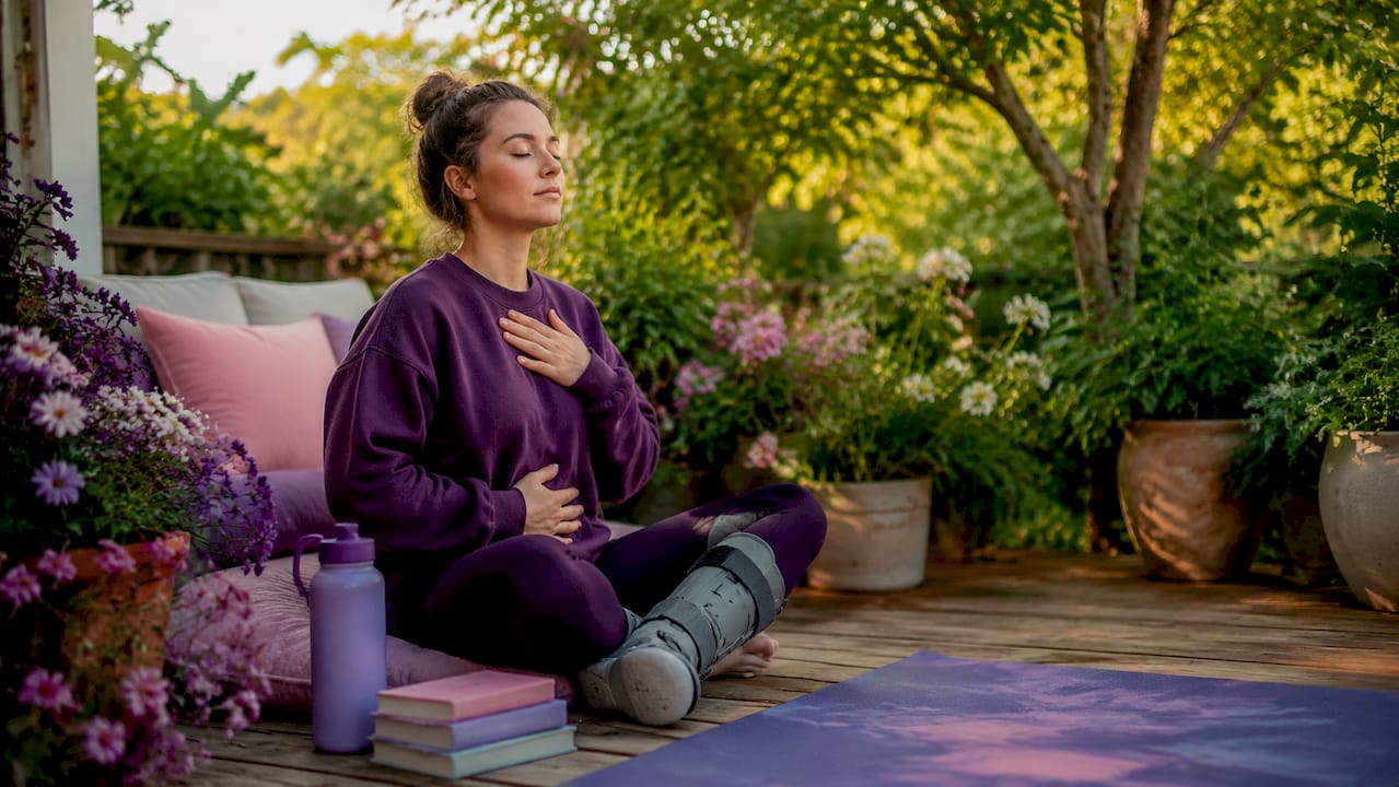 Woman practicing mindful breathing at home