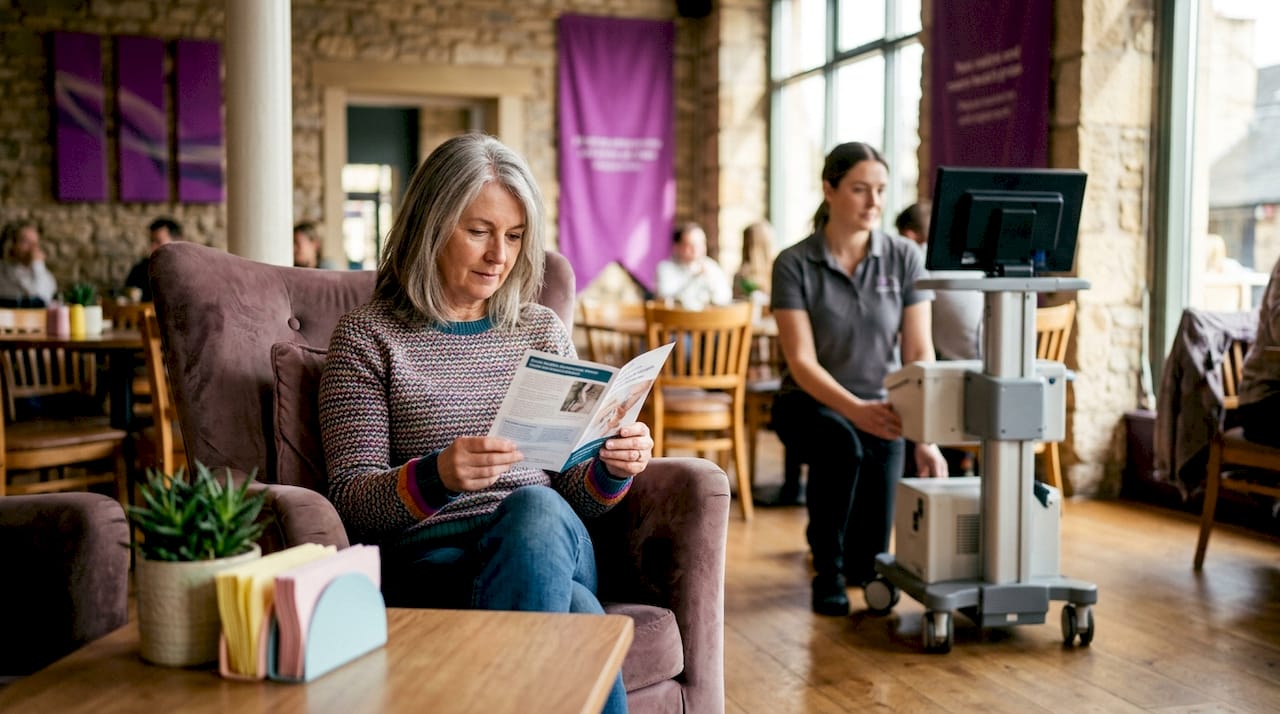 Woman reviewing bone health screening brochure in clinic