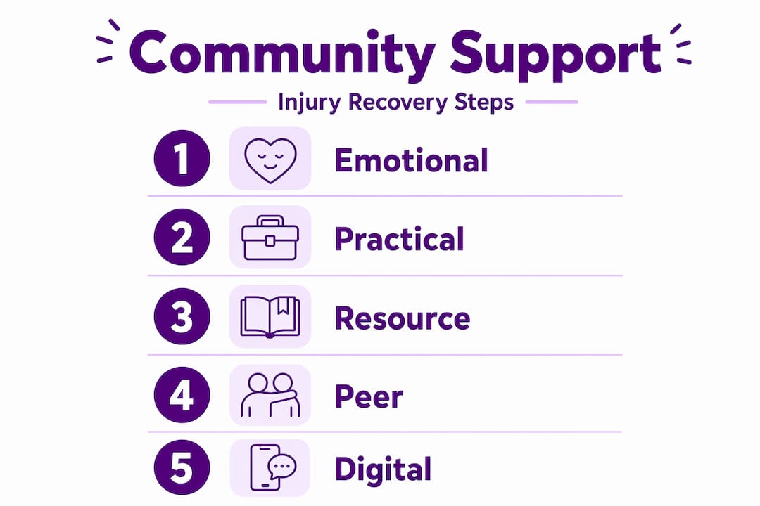 Infographic illustrating key community support steps in injury recovery