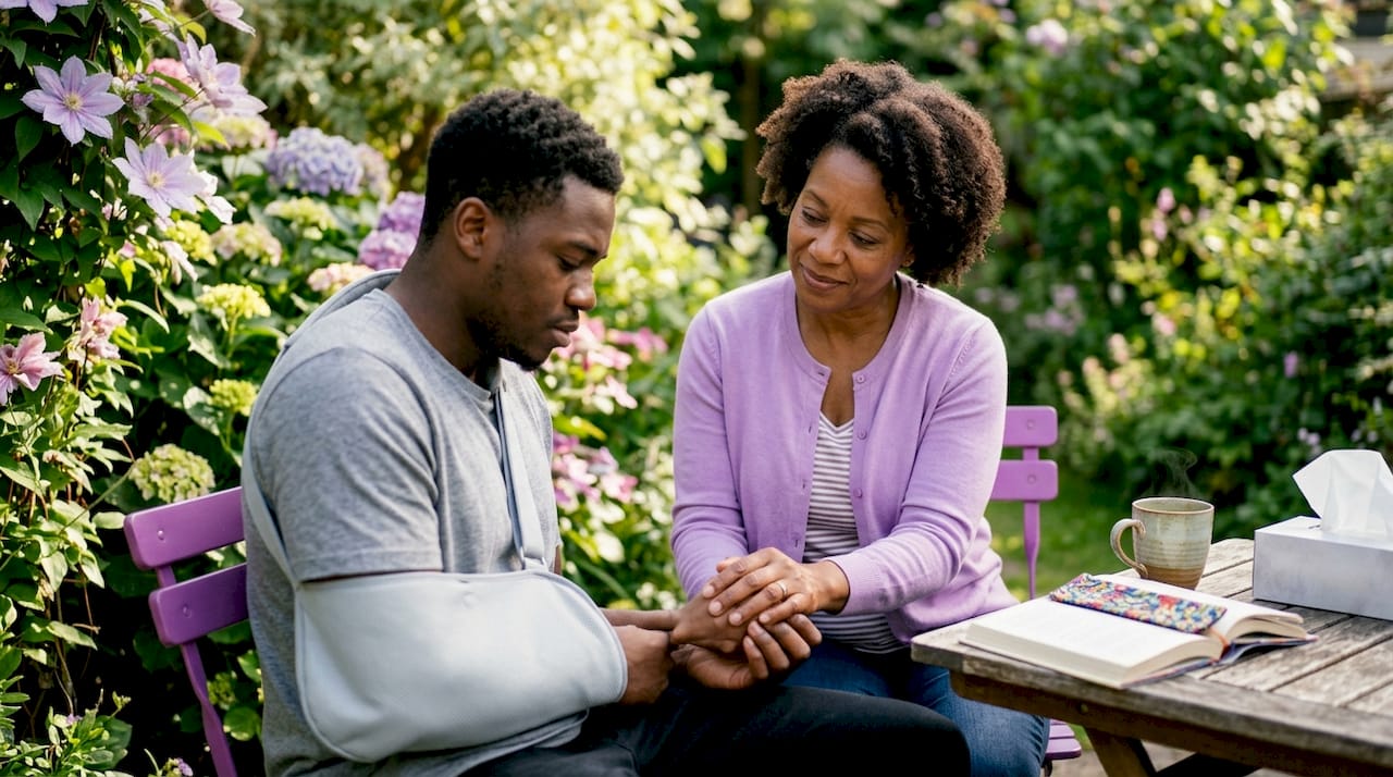 Woman providing emotional support to injured man
