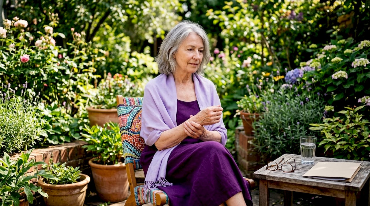 Older woman holding fragile wrist at kitchen table