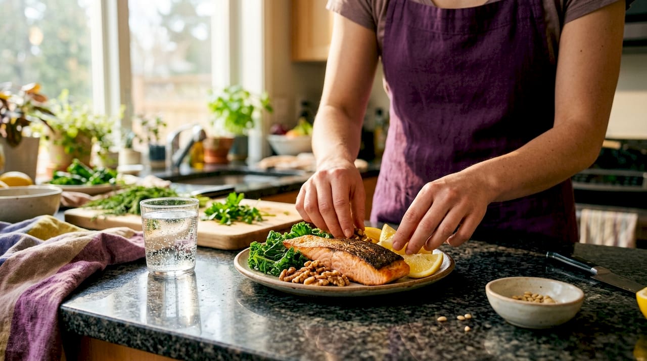 Dietitian arranging nutrient-rich foods on counter