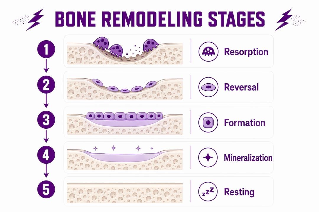 Infographic illustrating bone remodeling stages in fracture recovery