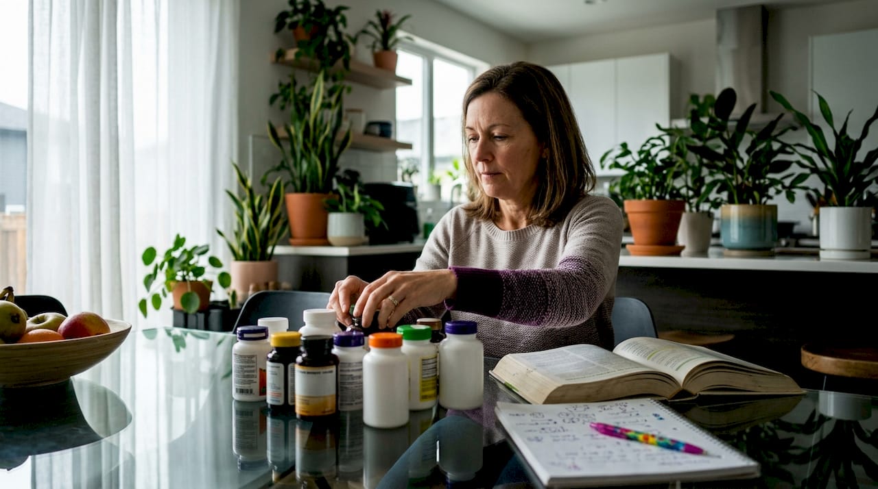 Woman reviewing bone supplement bottles at kitchen table