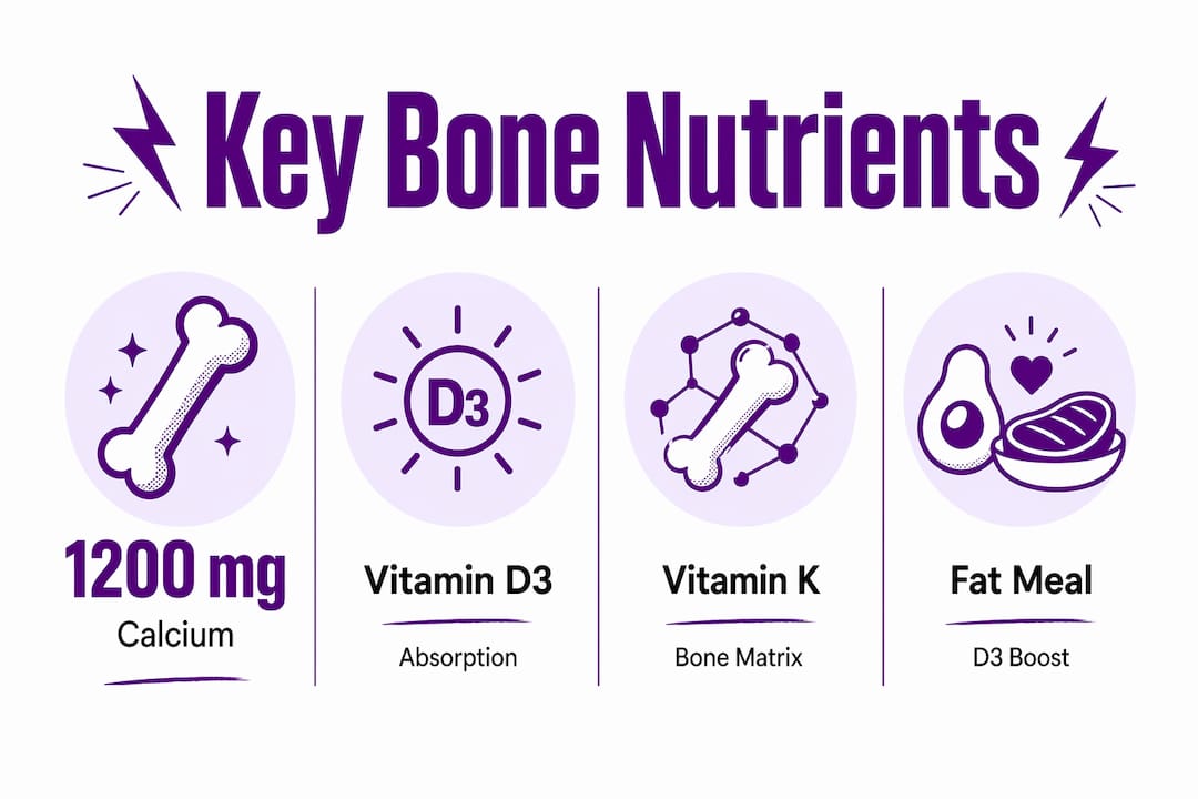 Infographic showing key bone nutrients and tips