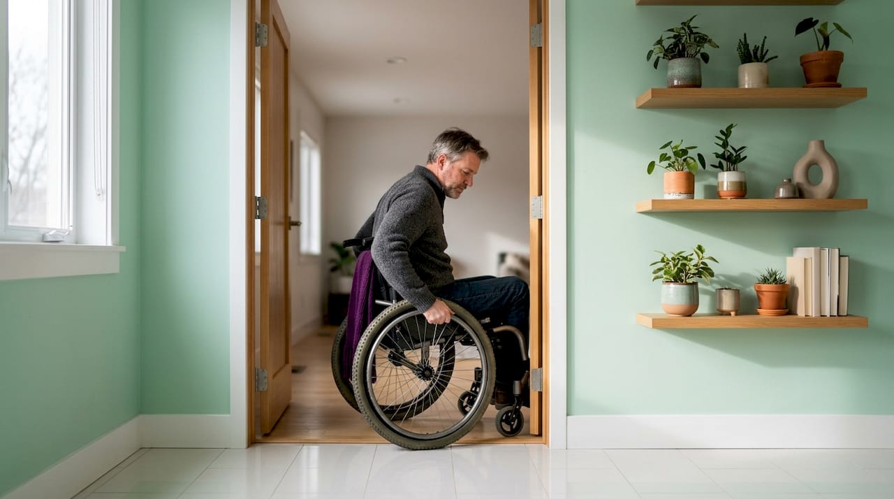 Man in wheelchair passing accessible doorway indoors