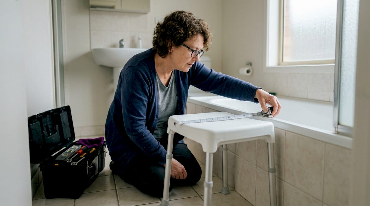 Woman installing portable ramp at home entry