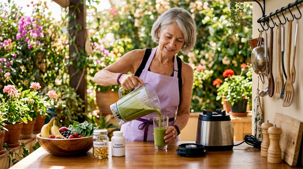 Senior woman preparing healthy smoothie in kitchen