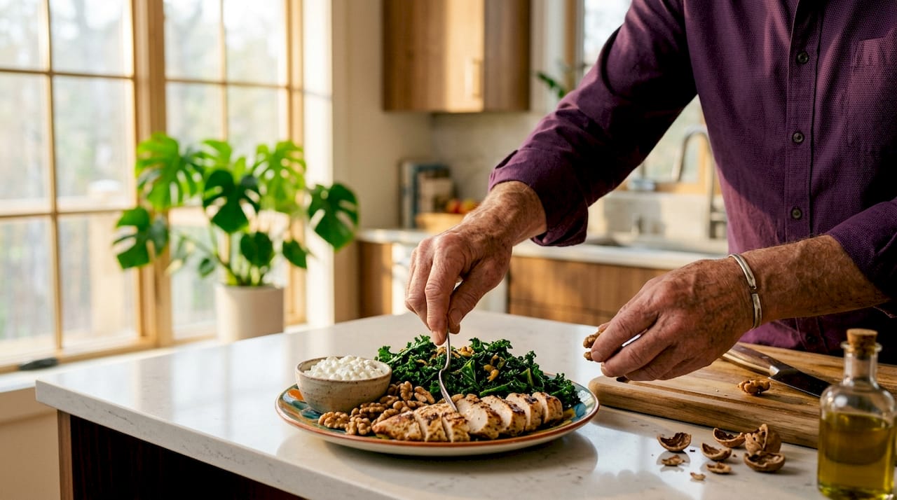 Elderly man arranging bone-healthy meal on table