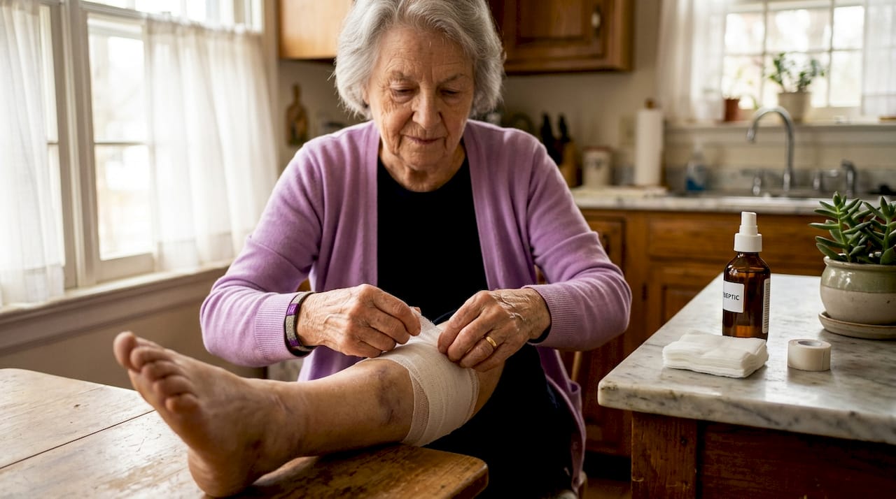 Hands adjusting loose fracture dressing on swollen leg