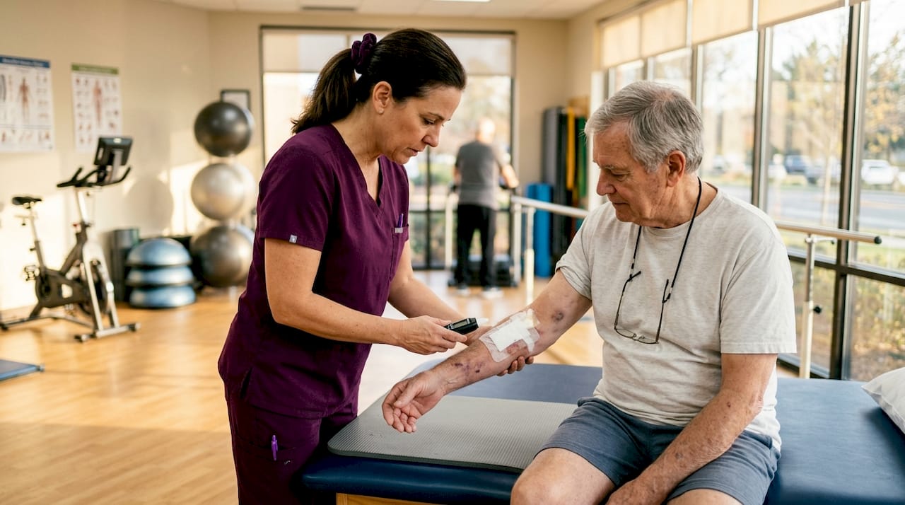 Nurse assessing post-fracture dressing on patient's arm
