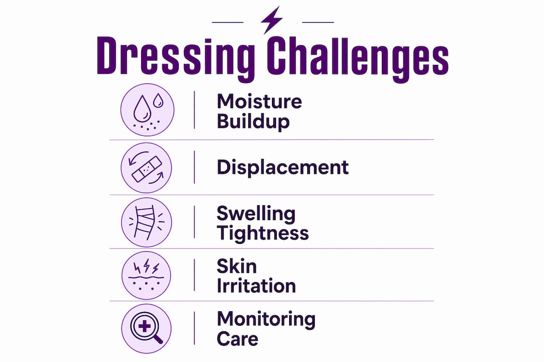 Infographic showing common post-fracture dressing challenges
