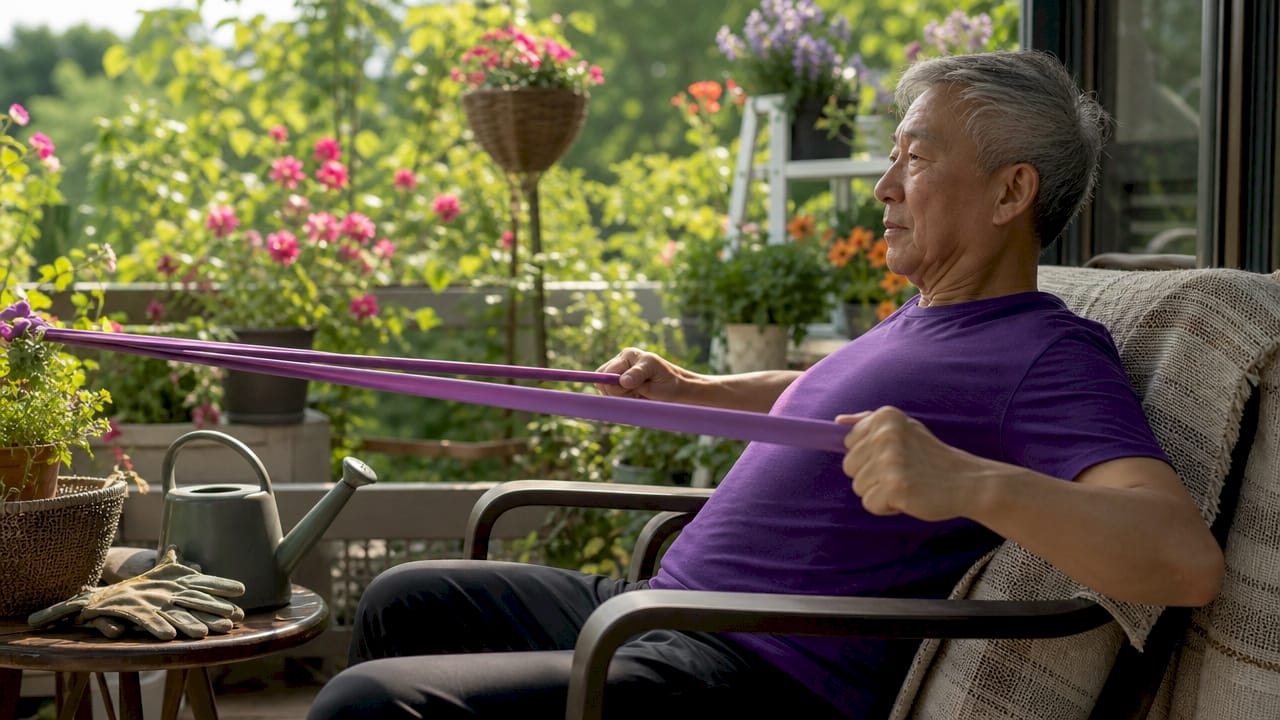 Senior man performing resistance band rows seated