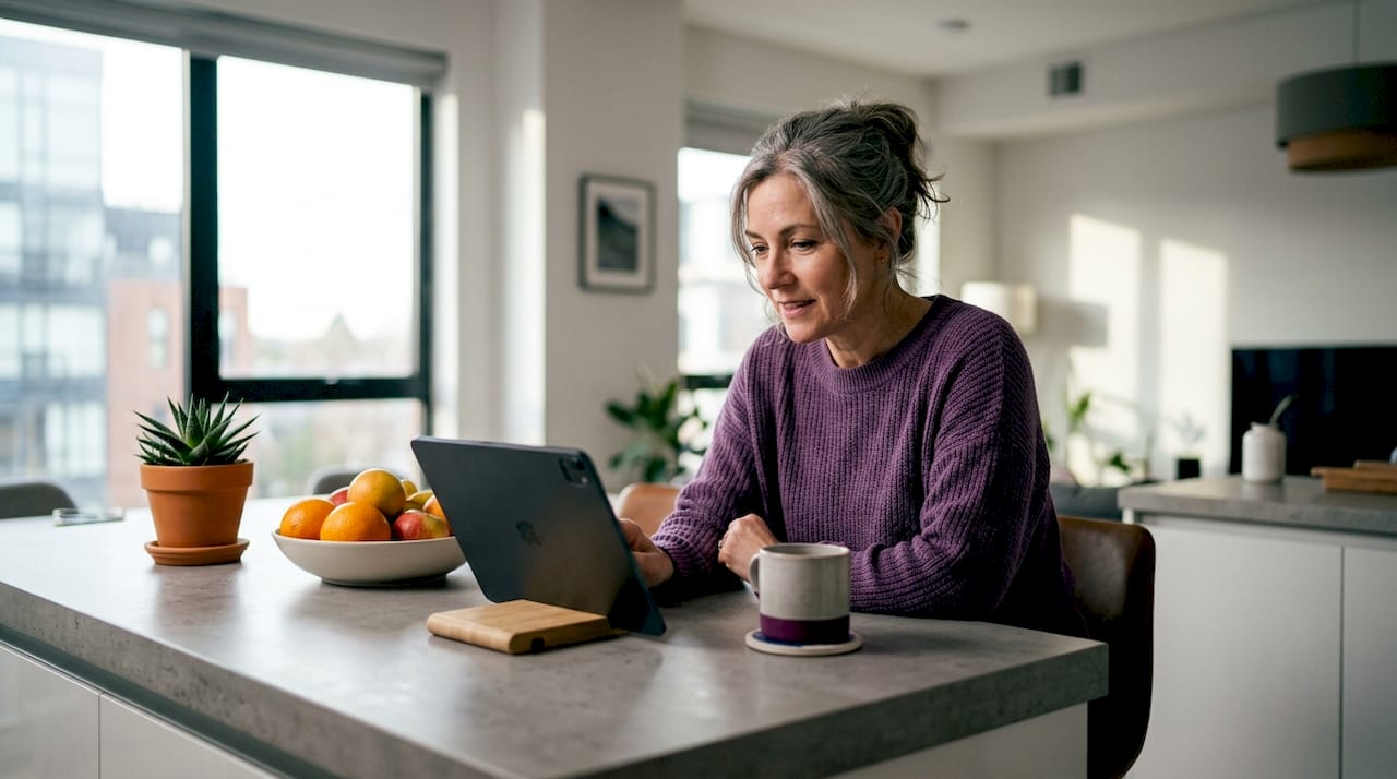 Woman engaging with bone health information on tablet