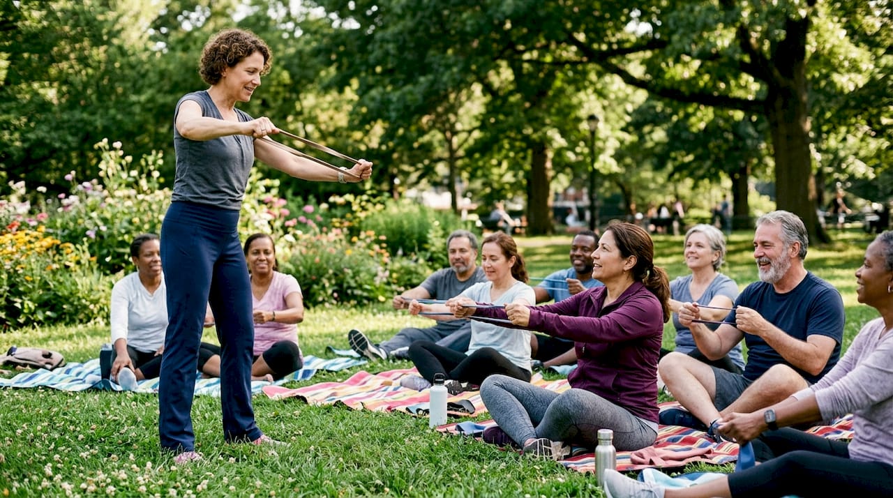 Community members engaged in bone health exercise workshop