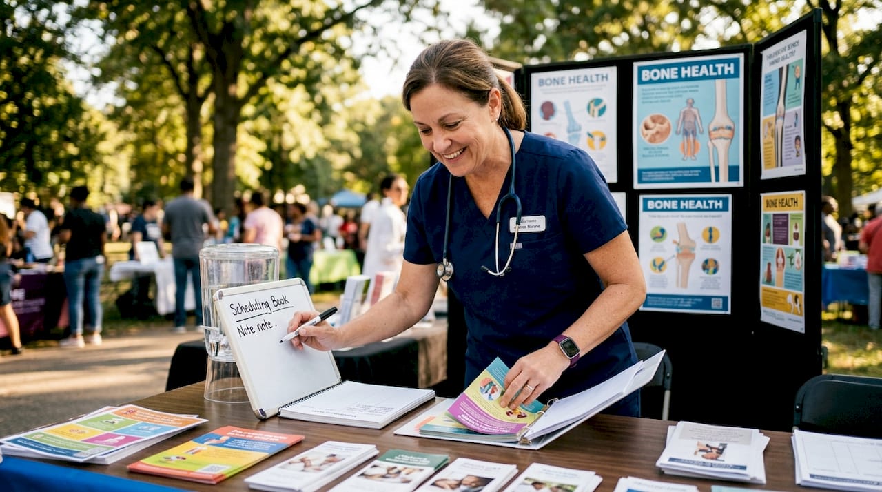 Nurse organizing patient files in bone health clinic