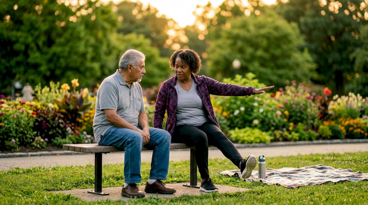 Community health worker demonstrating exercise to senior