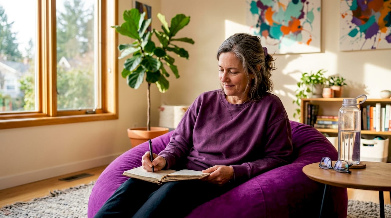 Woman journaling in sunlit home office