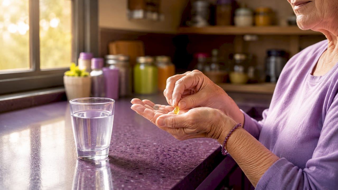 Close-up of senior woman taking vitamin D3