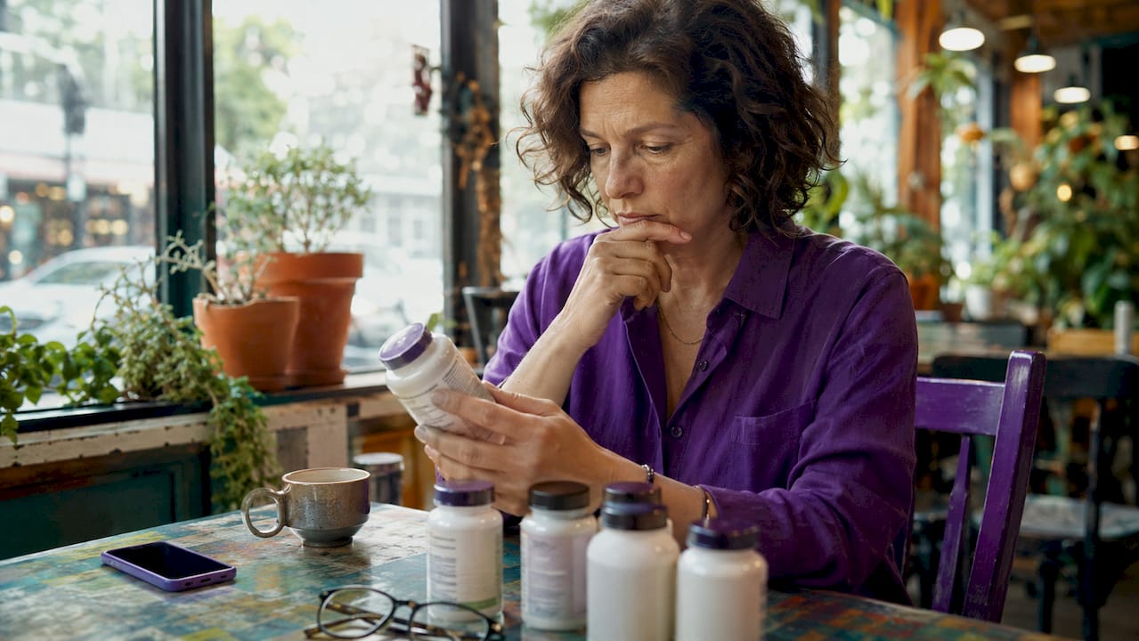 Woman reviewing bone supplements at kitchen table
