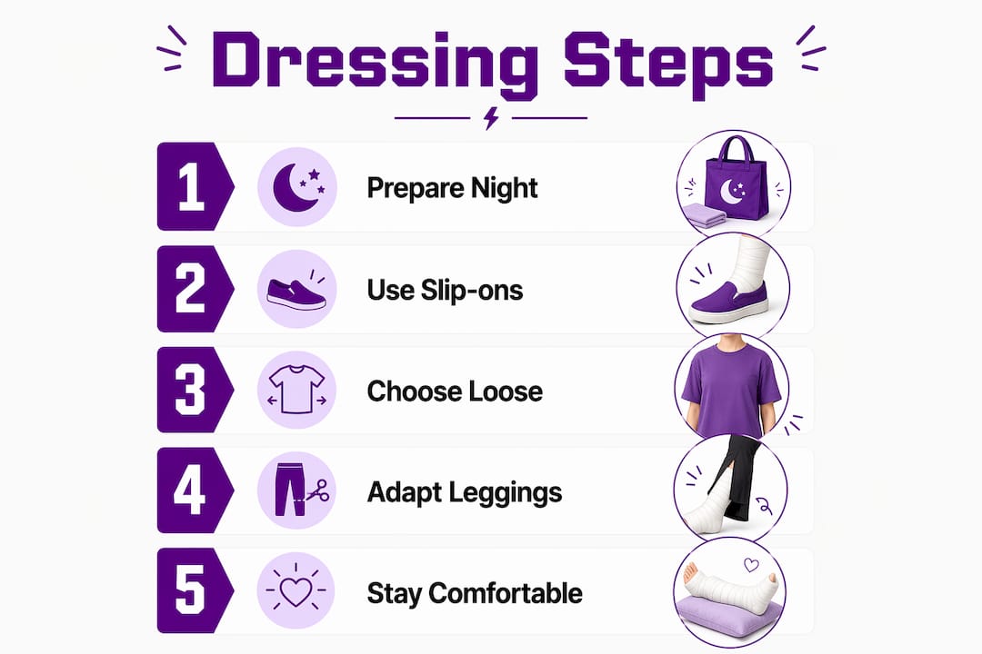 Infographic depicting five steps to dress easily with a leg cast