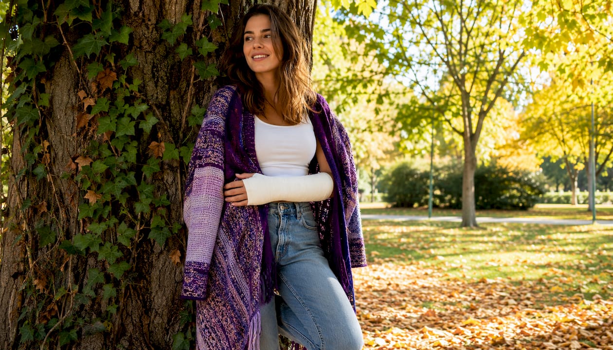 Woman confidently wearing arm cast indoors