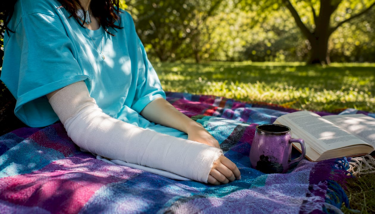 Close-up of comfortable fabrics with arm cast