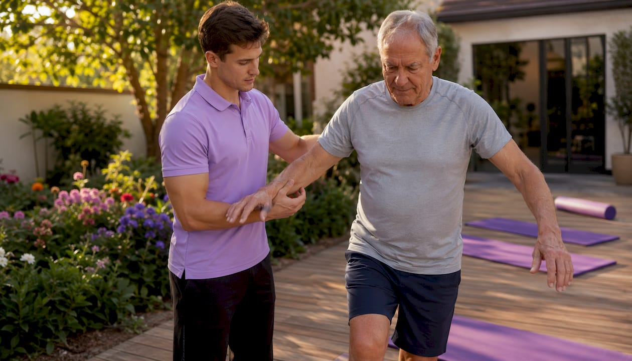 Physical therapist supporting senior man's arm during exercise
