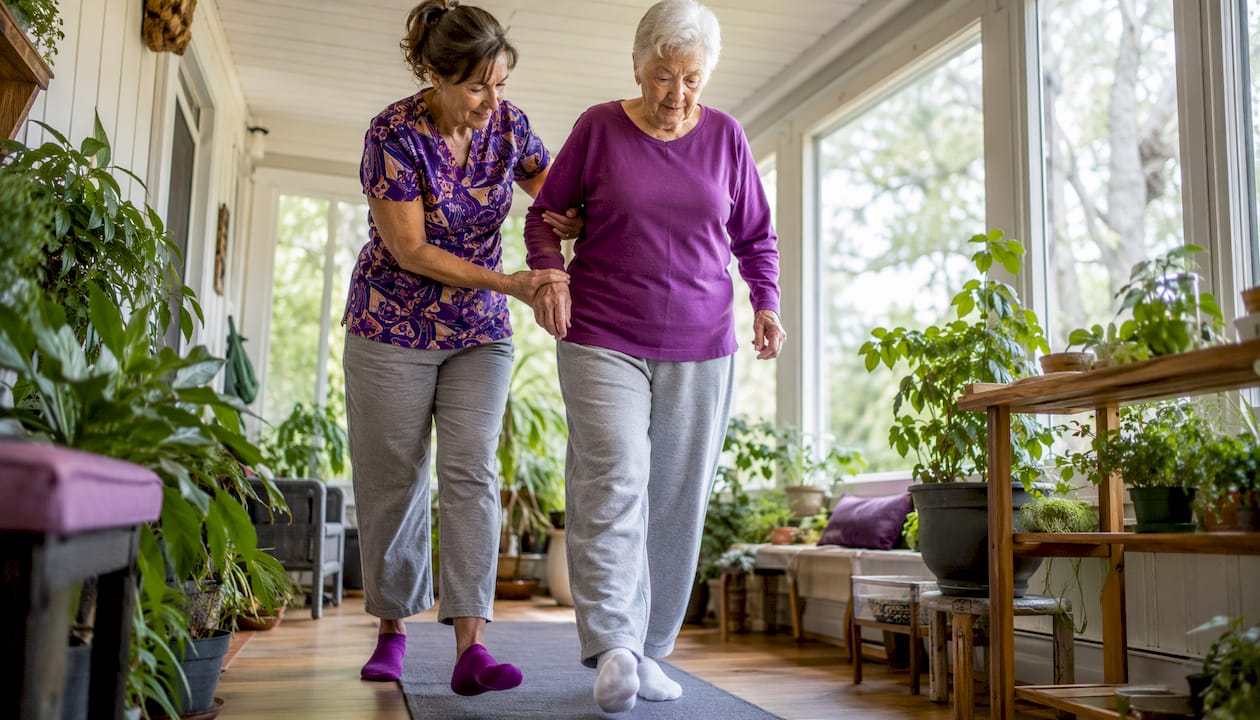Senior woman practicing balance with therapist at home