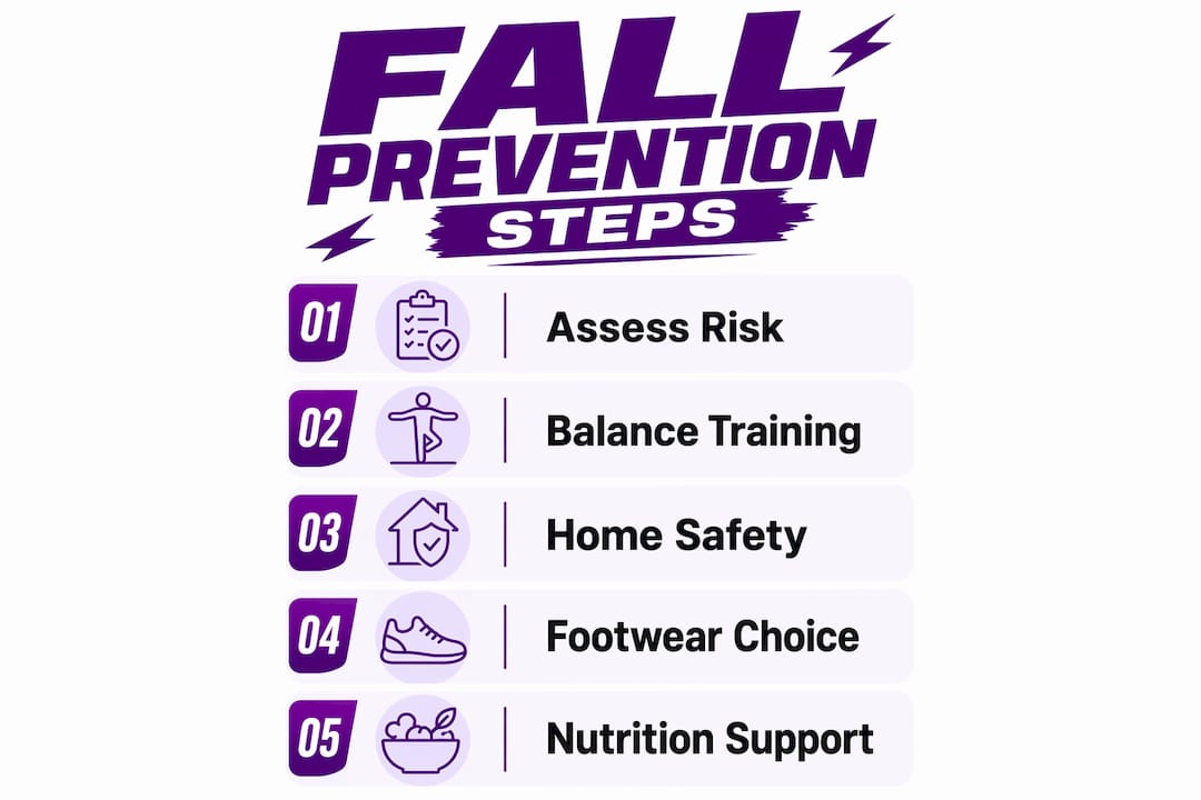 Infographic showing five fall prevention steps for seniors