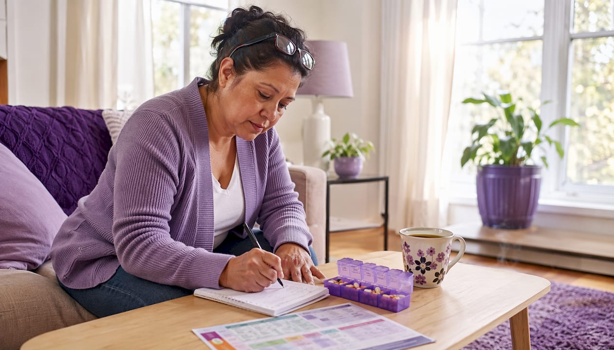 Caregiver writing medication checklist at kitchen table