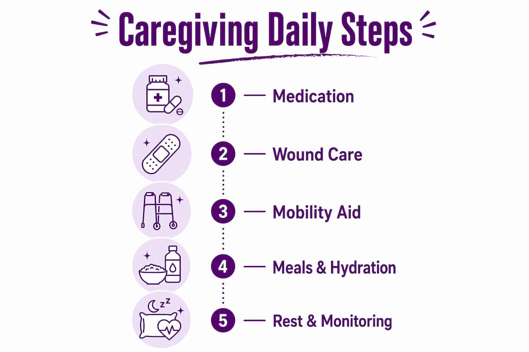 Infographic showing daily caregiving steps for injury recovery