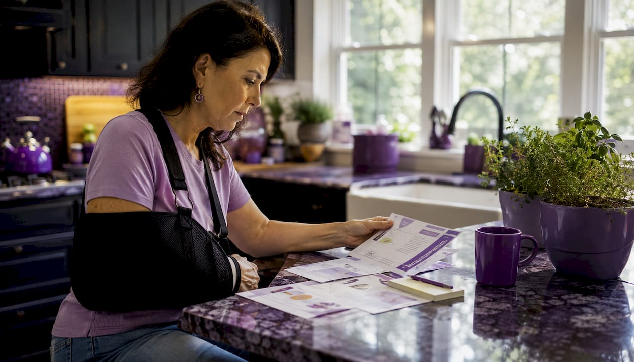 Woman reviewing bone health materials at desk
