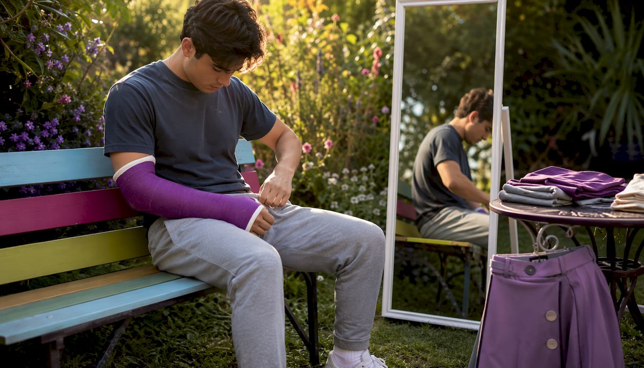 Man dressing elastic-waist pants with arm cast