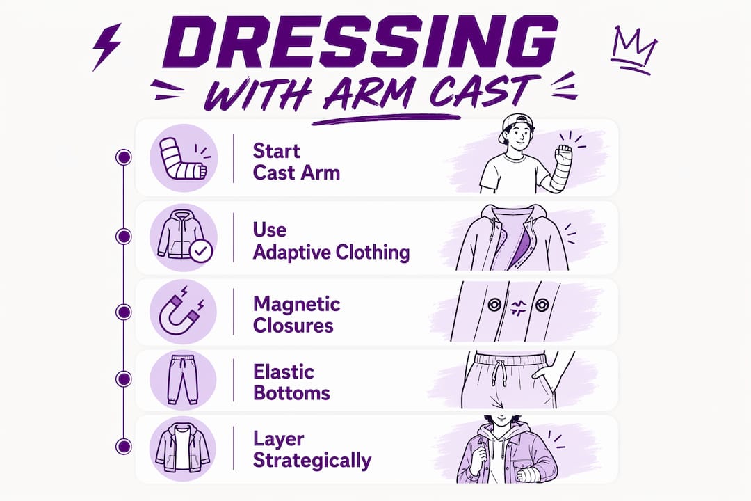 Infographic showing dressing steps with arm cast