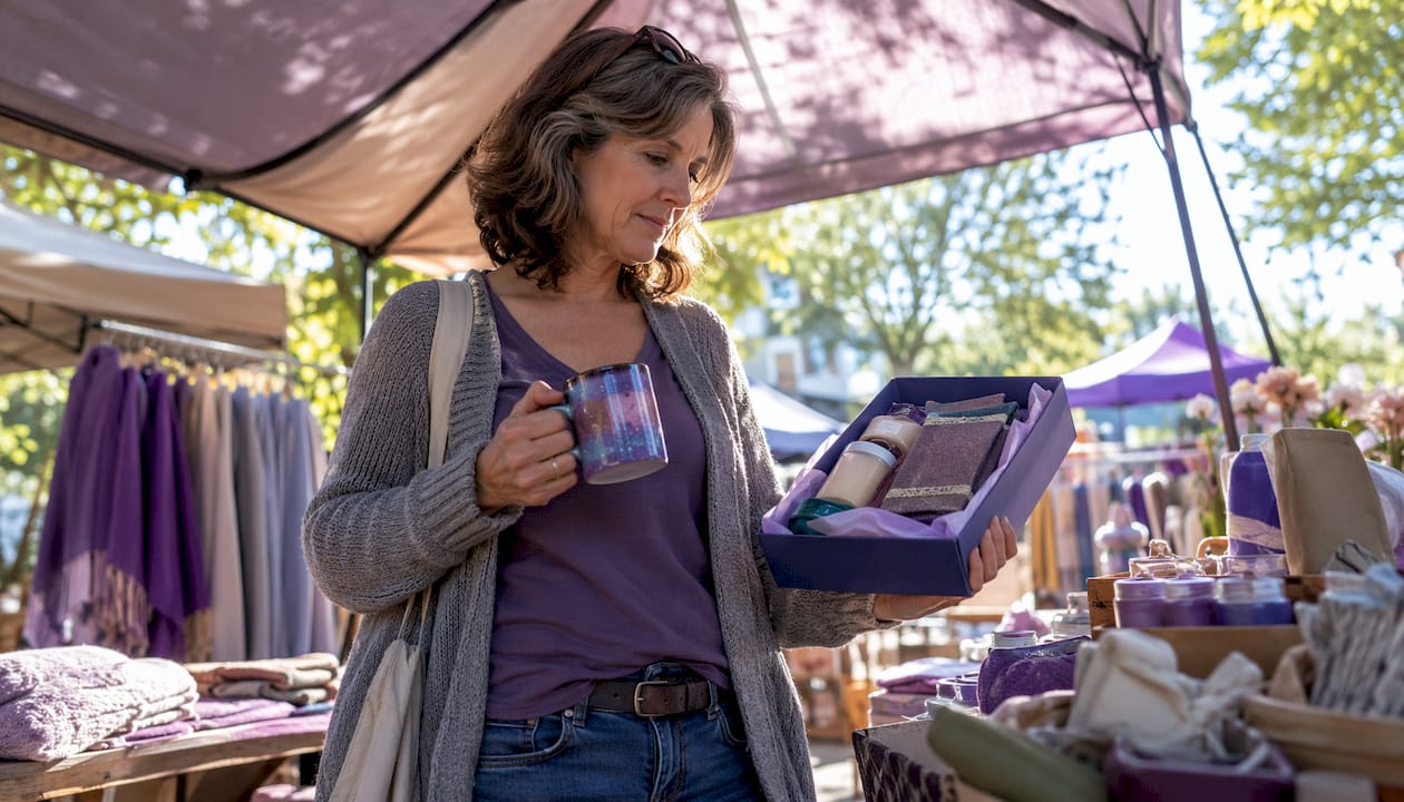 Woman choosing recovery-themed gift in boutique