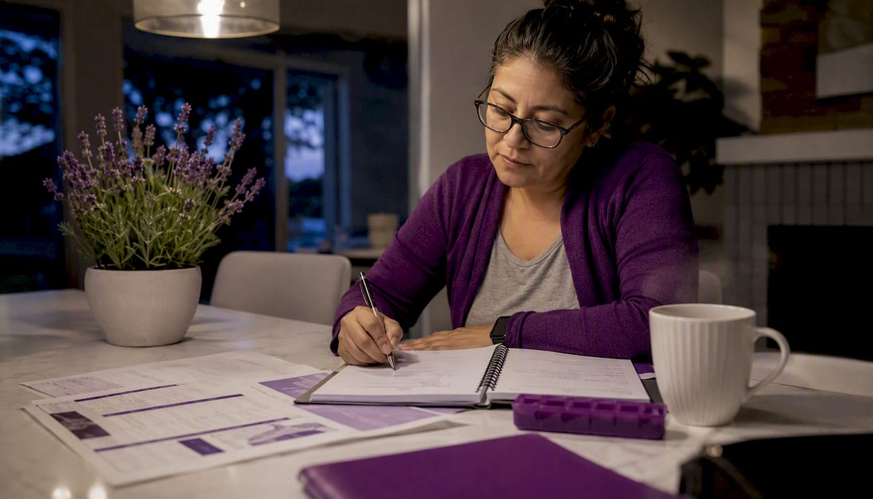 Woman planning caregiver resources at kitchen table