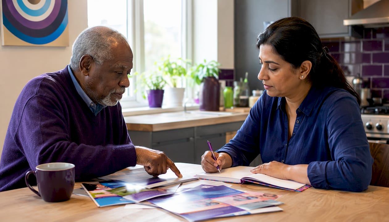 Two people reviewing local home caregiving options