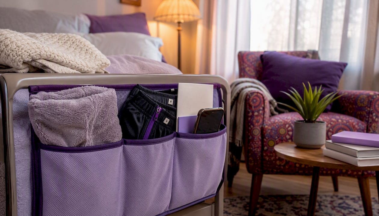 Open bedside caddy with orthopedic recovery items