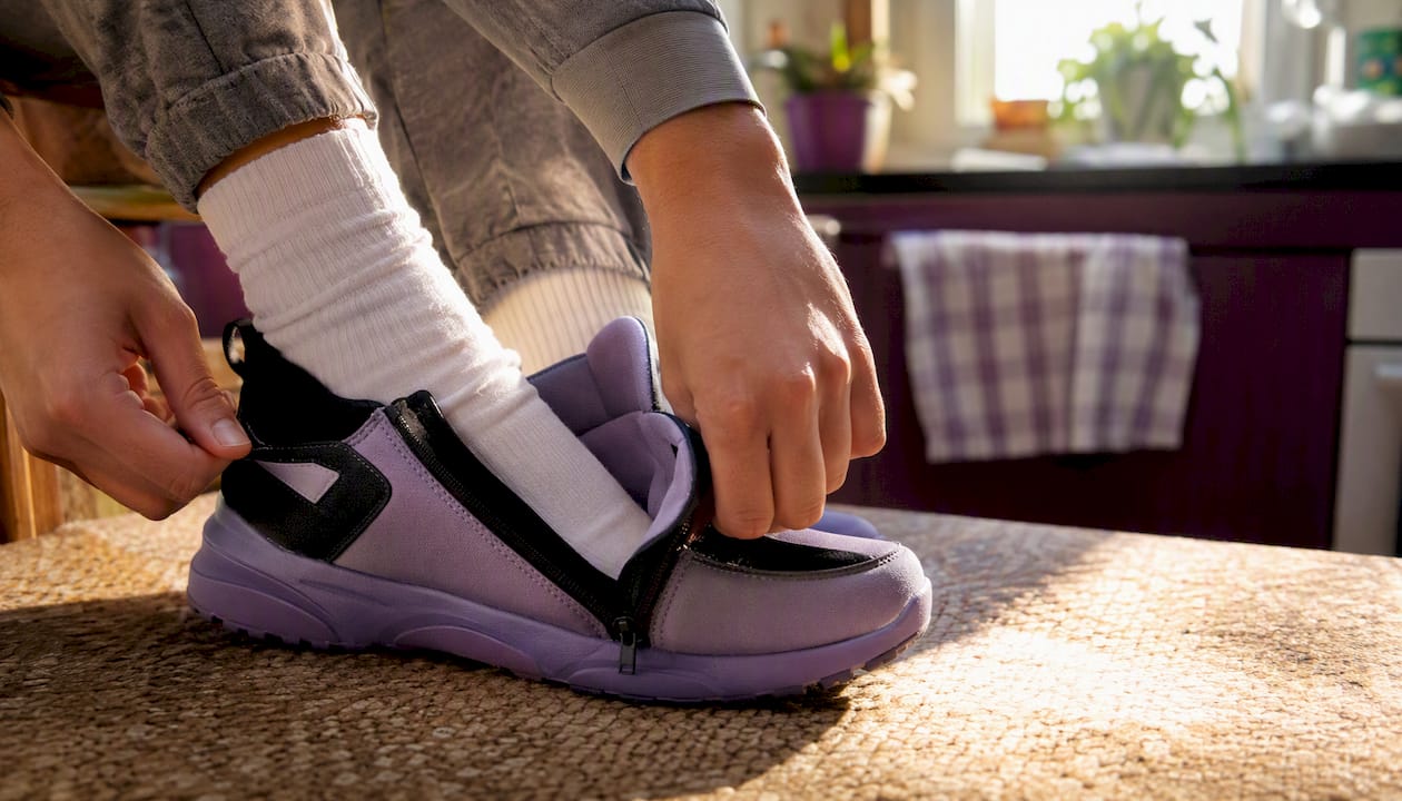 Hands opening side zipper on adaptive shoe