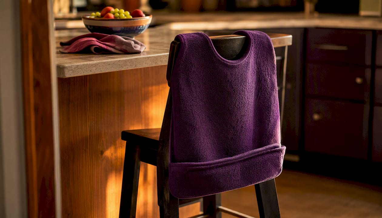 Adult bib laid on chair at dining table