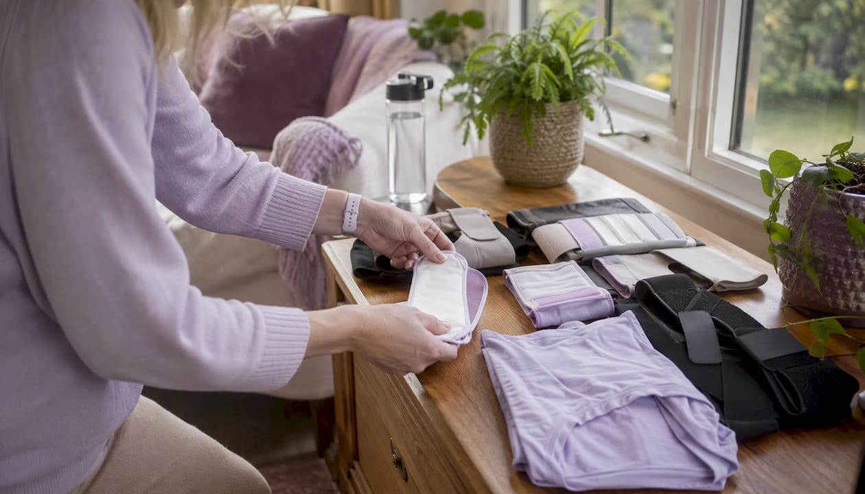 Caregiver preparing adaptive clothing and aids in home